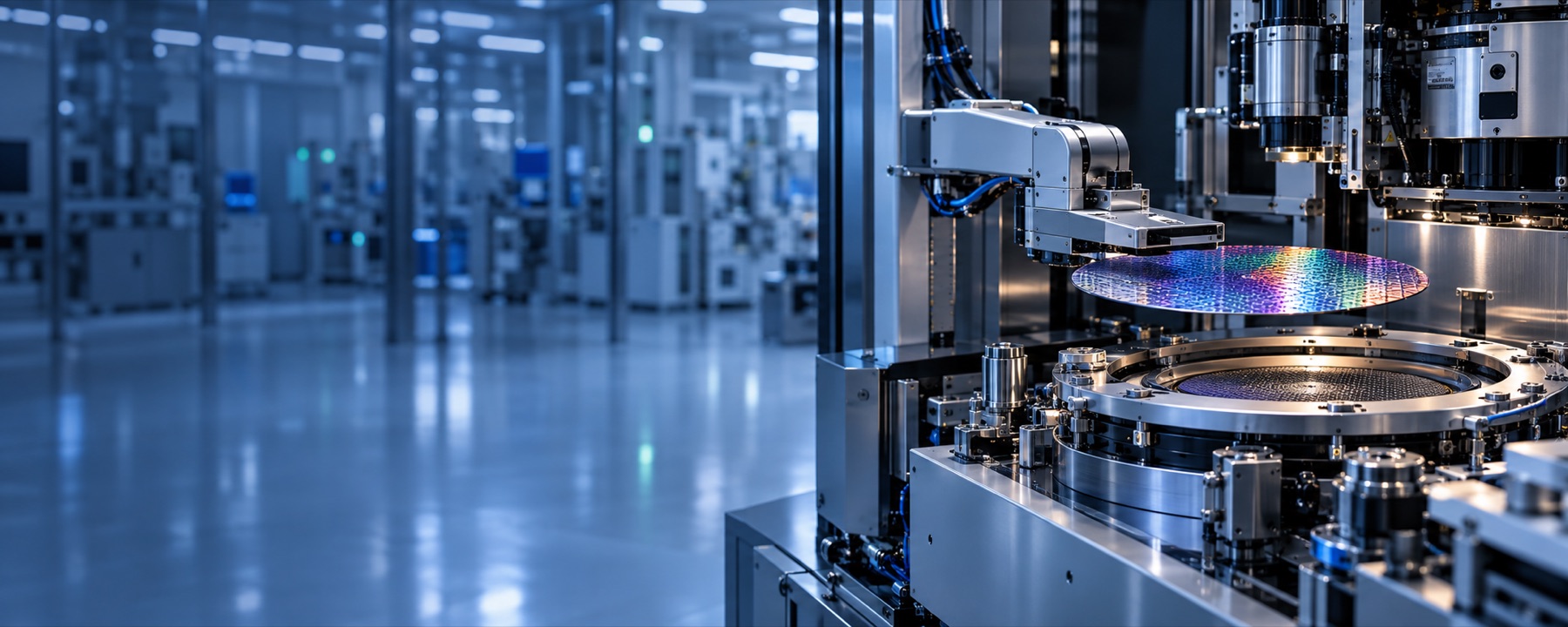 Semiconductor engineer working in a wafer fabrication cleanroom.