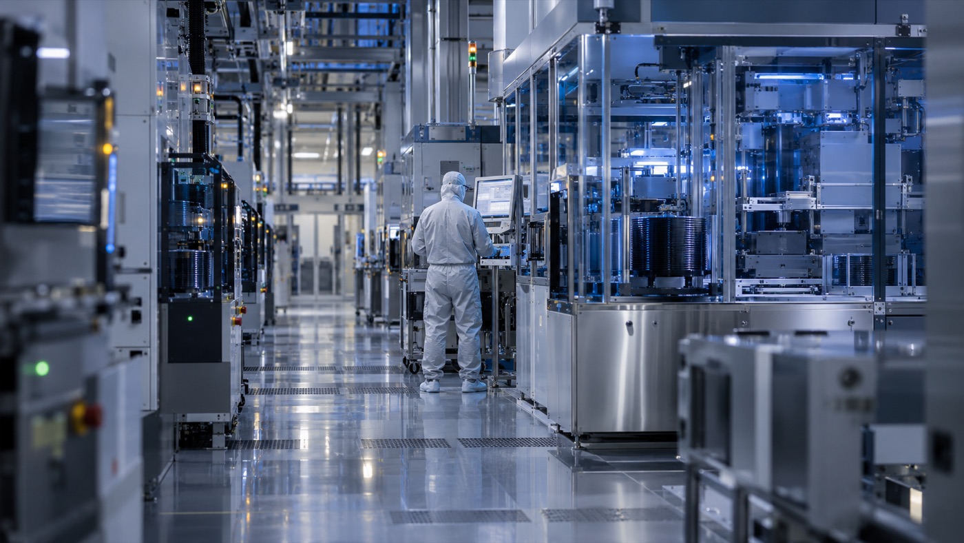 Engineer working in a semiconductor cleanroom.